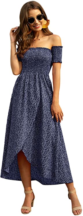 Women's Ditsy Floral Print Split Off Shoulder Short Sleeve Dress Thigh Shirred Maxi A Line Dress
