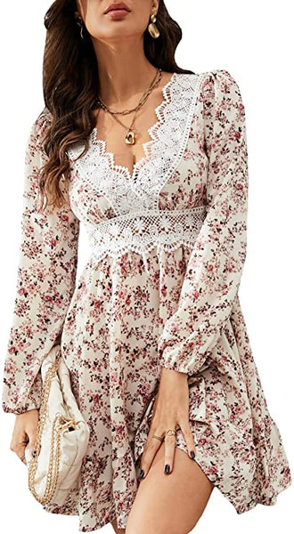 Women's Floral Print Long Sleeve Mini Dress Lace V Neck A Line Dresses