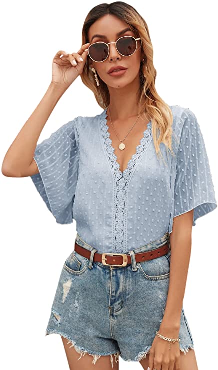 Women's Short Sleeve V Neck Summer Lace Tops Swiss Dots Casual Blouses Tee Shirts