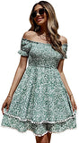 Women's Allover Print Off Shoulder Split Shirred A Line Maxi Dress Short Sleeve Casual Swing Dresses