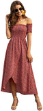 Women's Ditsy Floral Print Split Off Shoulder Short Sleeve Dress Thigh Shirred Maxi A Line Dress