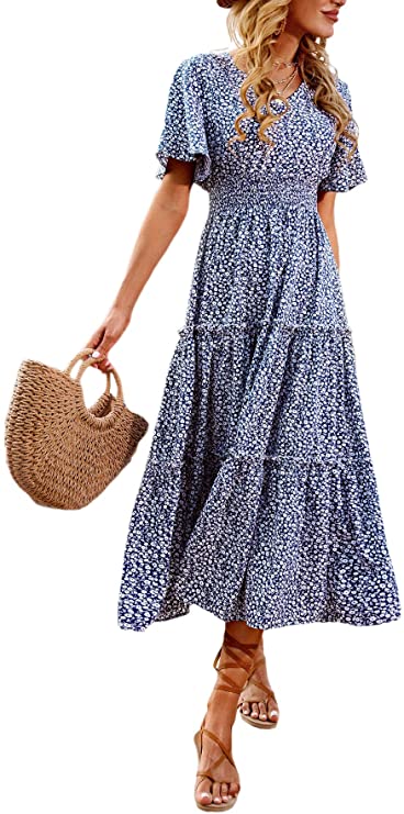 Women's Ditsy Floral Shirred Flutter Sleeve Ruffle Long Dress