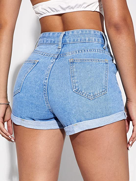 Women's Basic Rolled Hem Denim Shorts with Pockets