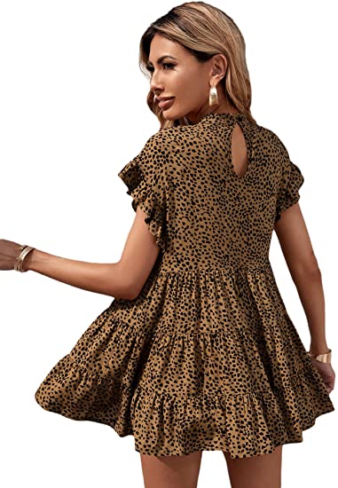 Women's Ruffle Cap Short Sleeve Peplum Top Leopard Mock Neck Blouse Shirt