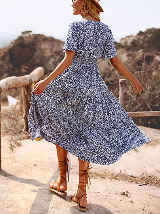 Women's Ditsy Floral Shirred Flutter Sleeve Ruffle Long Dress