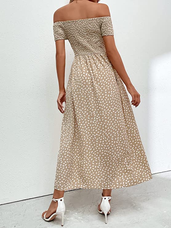 Women's Allover Print Off Shoulder Split Shirred A Line Maxi Dress Sho Divahotcouture Women's Allover Print Off Shoulder Split Shirred A Line Maxi Dress Sho Divahotcouture