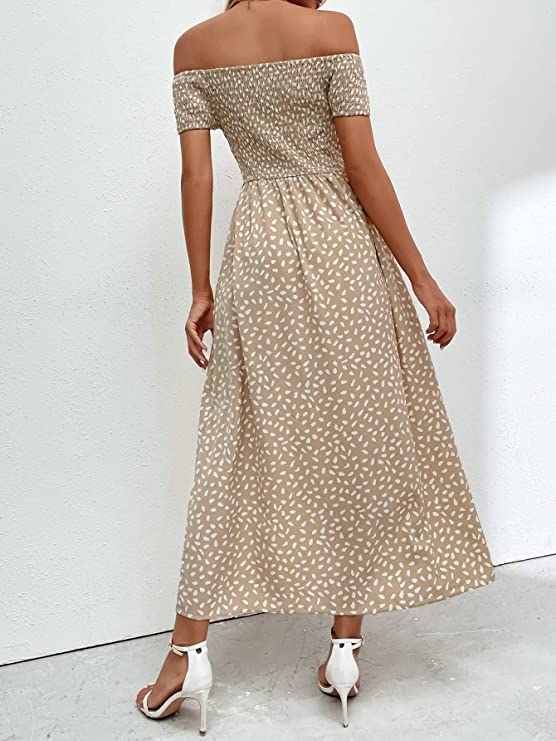 Women's Allover Print Off Shoulder Split Shirred A Line Maxi Dress Short Sleeve Casual Swing Dresses
