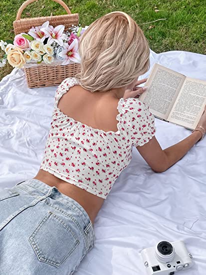 Women's Floral Print Puff Sleeve Tee Shirts Tie Front Frill Trim Crop Tops