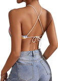 Women's Criss Cross Tie Back Halter Crop Top Backless Sleeveless Asymmetrical Bandana Top