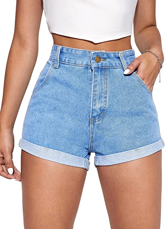 Women's Basic Rolled Hem Denim Shorts with Pockets