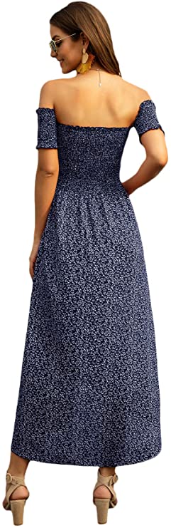 Women's Ditsy Floral Print Split Off Shoulder Short Sleeve Dress Thigh Shirred Maxi A Line Dress