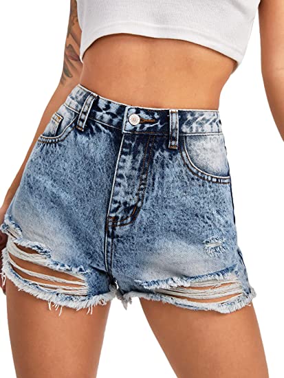 Women's Distressed High Waisted Jeans Shorts Ripped Raw Hem Denim Shorts with Pockets