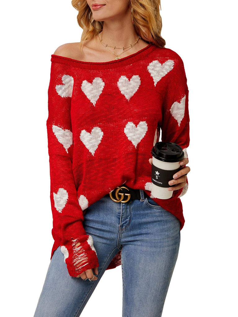 Women Off Shoulder Long Sleeves Casual Tops Hearts Printed Pullovers Sweater