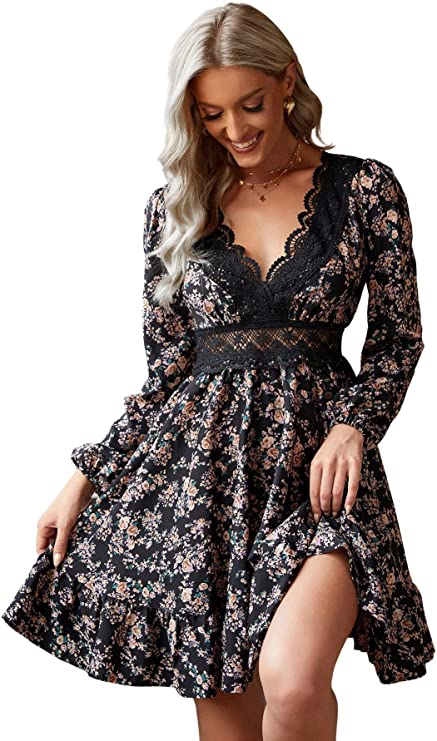 Women's Floral Print Long Sleeve Mini Dress Lace V Neck A Line Dresses
