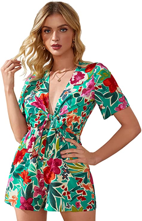 Women's Tropical Print Tie Front Romper Deep V Neck Short Sleeve Jumpsuit Playsuit