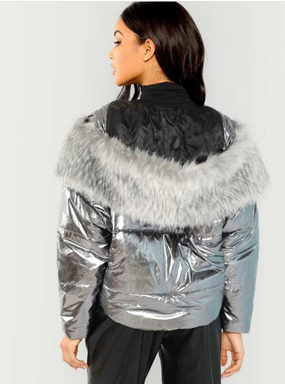 Metallic Puffer Jacket With Faux Fur Trim Hood
