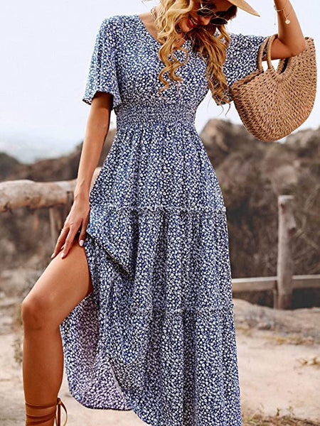 Women's Ditsy Floral Shirred Flutter Sleeve Ruffle Long Dress