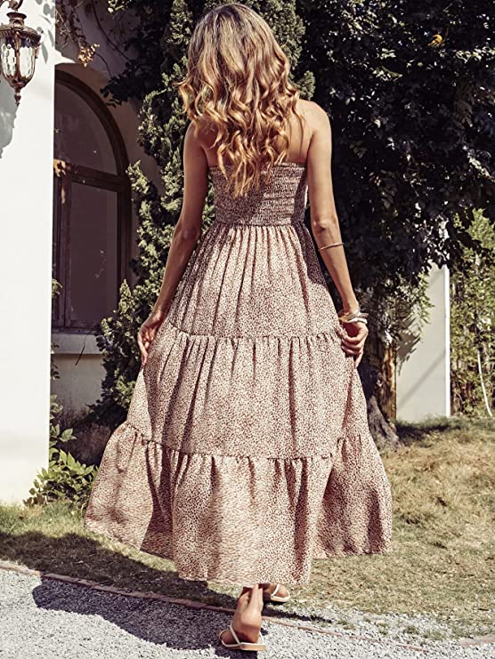 Women's Off Shoulder Tie Bust Shirred Ruffle Hem Flowy Tube Dress