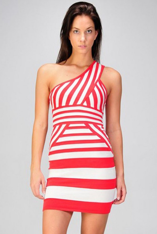 One Shoulder Stripe Variation Bandage Dress