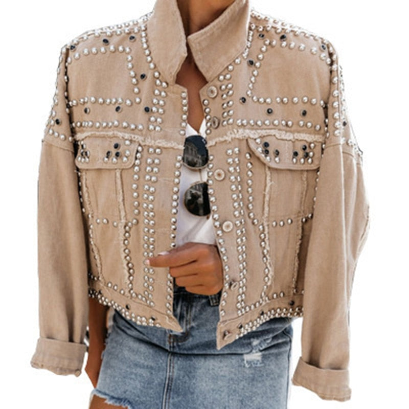 Women's Fashion Denim Jacket Coat Hand Beaded Rivet Short Black Denim Jacket Student Basic Coat