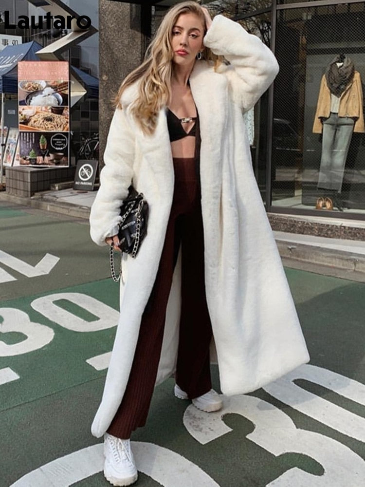Winter Long White Fluffy Warm Oversized Faux Fur Coat Women with Hood Lapel Sashes Loose Korean Fashion 2021 Outerwear