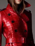 Autumn Long Red Crocodile Print Leather Trench Coat for Women Belt Double Breasted Elegant (Upto 7XL)
