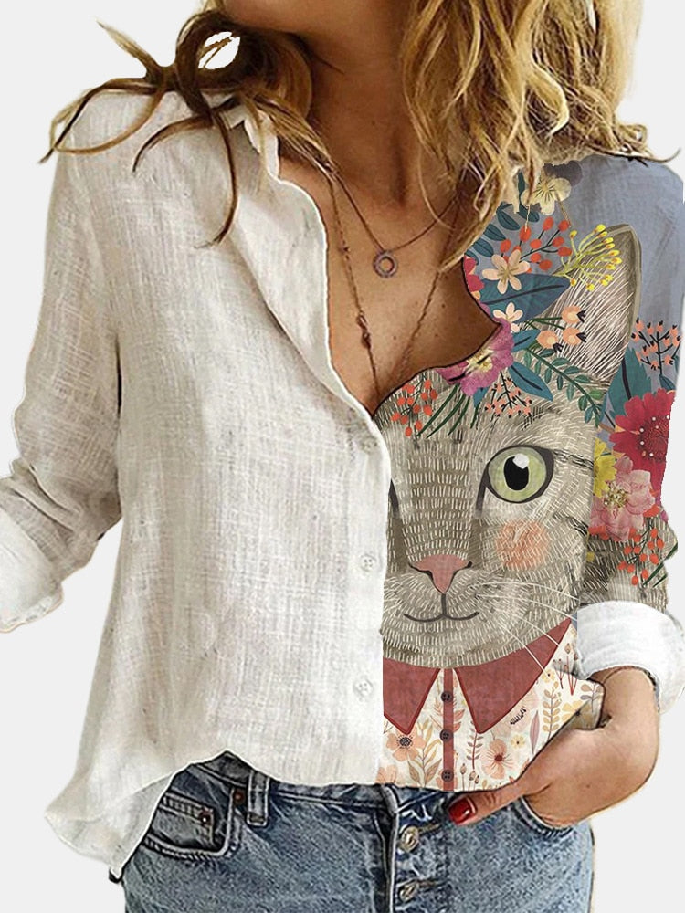 Fashion Loose Animal Cat Dig Print Women Shirt Autumn Office White Blouses Sleeve Turn Down Collar Casual Print Cardigan Top