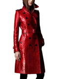 Autumn Long Red Crocodile Print Leather Trench Coat for Women Belt Double Breasted Elegant (Upto 7XL)