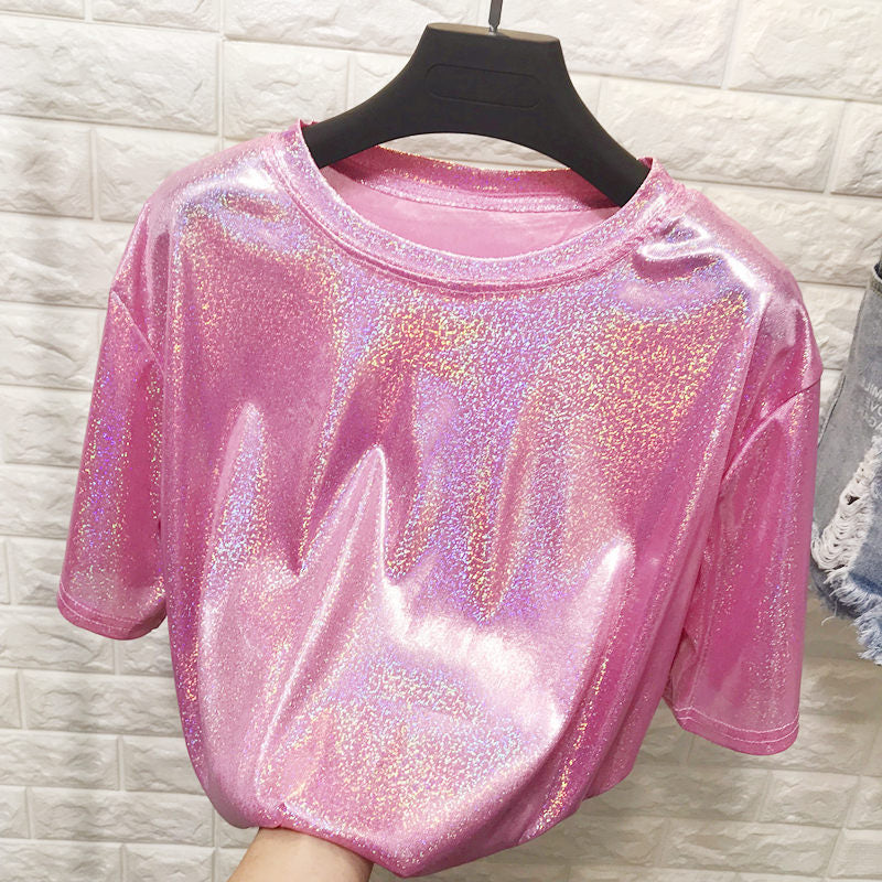 New summer retro style stylish bright silk woman tops shiny loose short sleeve t-shirt sexy club aesthetic