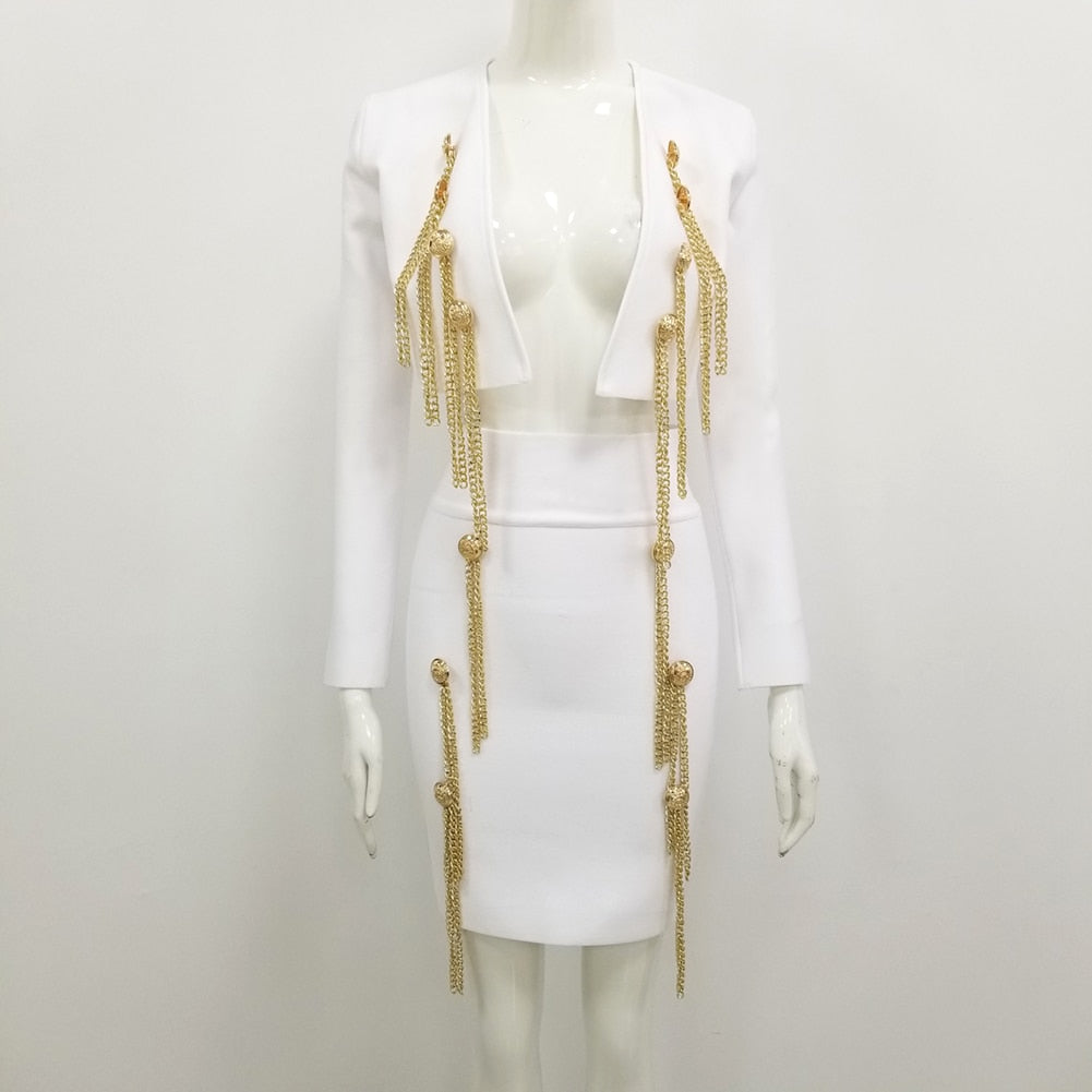 Top Quality Sexy Long Sleeve Black White Chain Two Piece Bodycon Bandage Dress 2023 Designer Fashion Party Dress Vestido