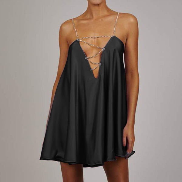 Elegant Diamante Chain Satin Low Back Swing Dress with Iridescent Crystal Straps