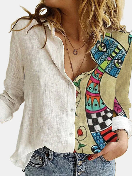 Fashion Loose Animal Cat Dig Print Women Shirt Autumn Office White Blouses Sleev