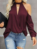 Woman Blouses  Sexy Hollow Out  Cold Shoulder Halter T Shirts Long Sleeve Tops Drape Ruched Front Loose Fit Shirts