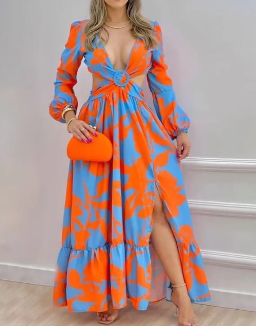 Spring Women Long Sleeved Cutout V-Neck Twist Summer Elegant Tie Dyed Floral Printed Lantern Sleeve Split Thigh Maxi Dress