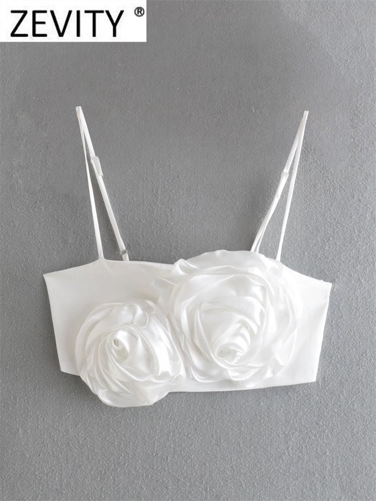 Women High Street Floral Appliques Design Spaghetti Strap Chic Camis Tank Lady Side Zipper Short Sling Crop Tops