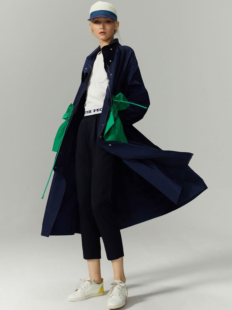 Spring Autumn Extra Long Oversized Green Trench Coat for Women with Big Pockets Drawstring Luxury Designer