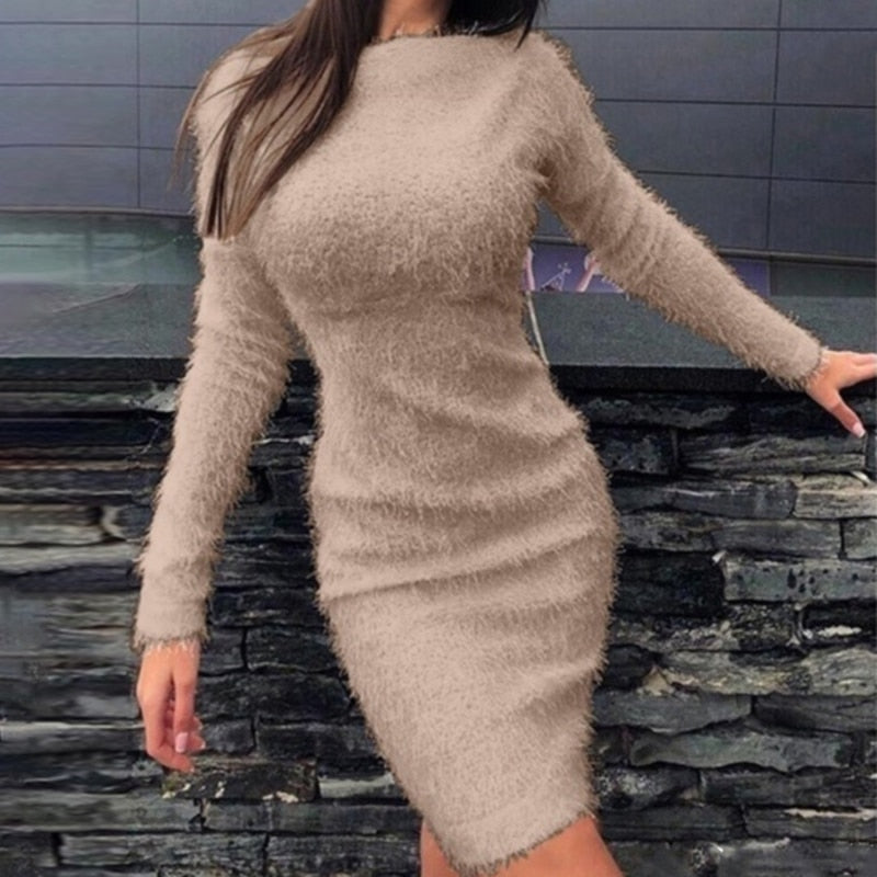 Fashion Women Tight Long Sleeve Solid Color Sweater Dress Gray XL