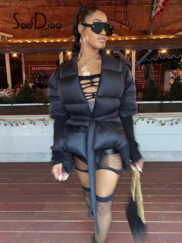 Woman Winter Coats 2023 Thick Warm Jacket Waist Down Cotton Padded Outwear with Belt Women's Parka Loose Jacket