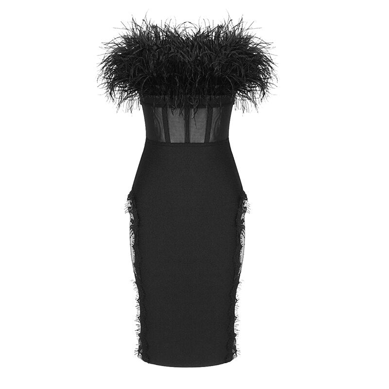 New Summer Women Dress Sexy Strapless Designer Feather Lace Black Bandage Party Dress Ladies Trendy  Dress