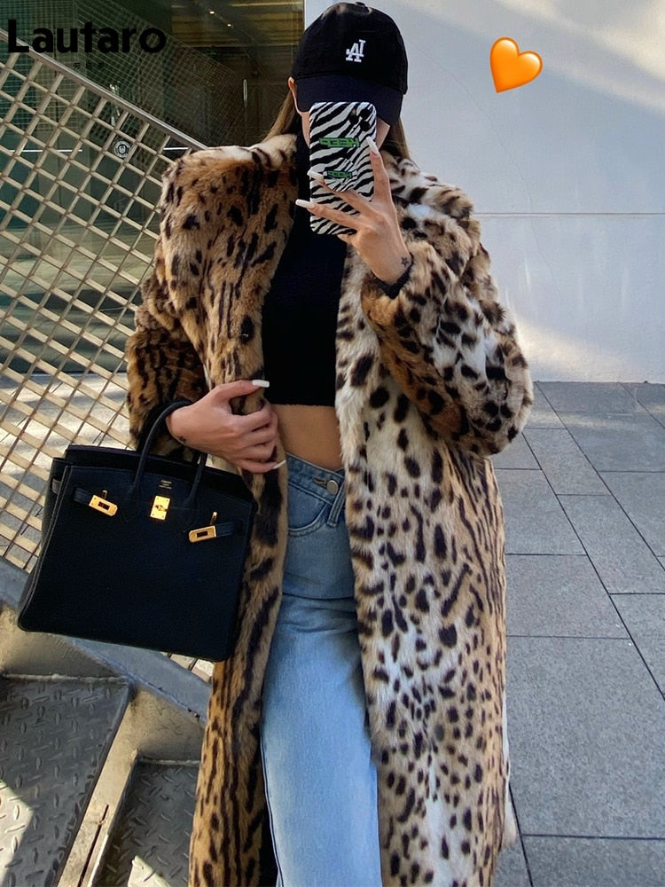High quality Winter Animal Leopard Faux Fur Extra Long Coat Full Sleeve  Loose Warm Shaggy Jacket Loose Outerwear