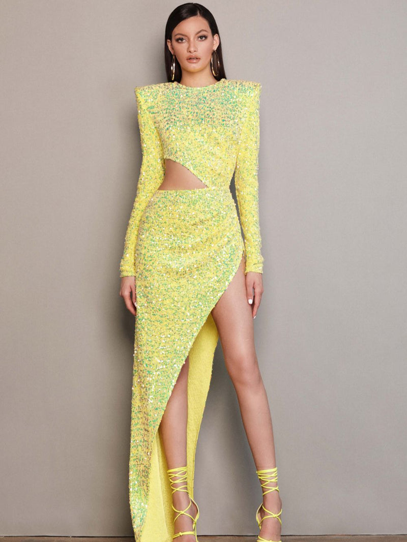 New Women Sexy Designer Sequins Sparkly Yellow Long Dress Elegant Bling Ankle Length Evening Bodycon Party Dress Vestidos