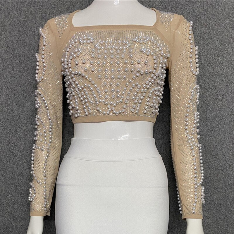 Women Sexy Designer Sparkly Beading Lace Mesh Long Sleeve T-Shirts Ladies Celebrity Tees Tops Skirt Suits