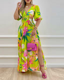 Spring Women Long Sleeved Cutout V-Neck Twist Summer Elegant Tie Dyed Floral Printed Lantern Sleeve Split Thigh Maxi Dress