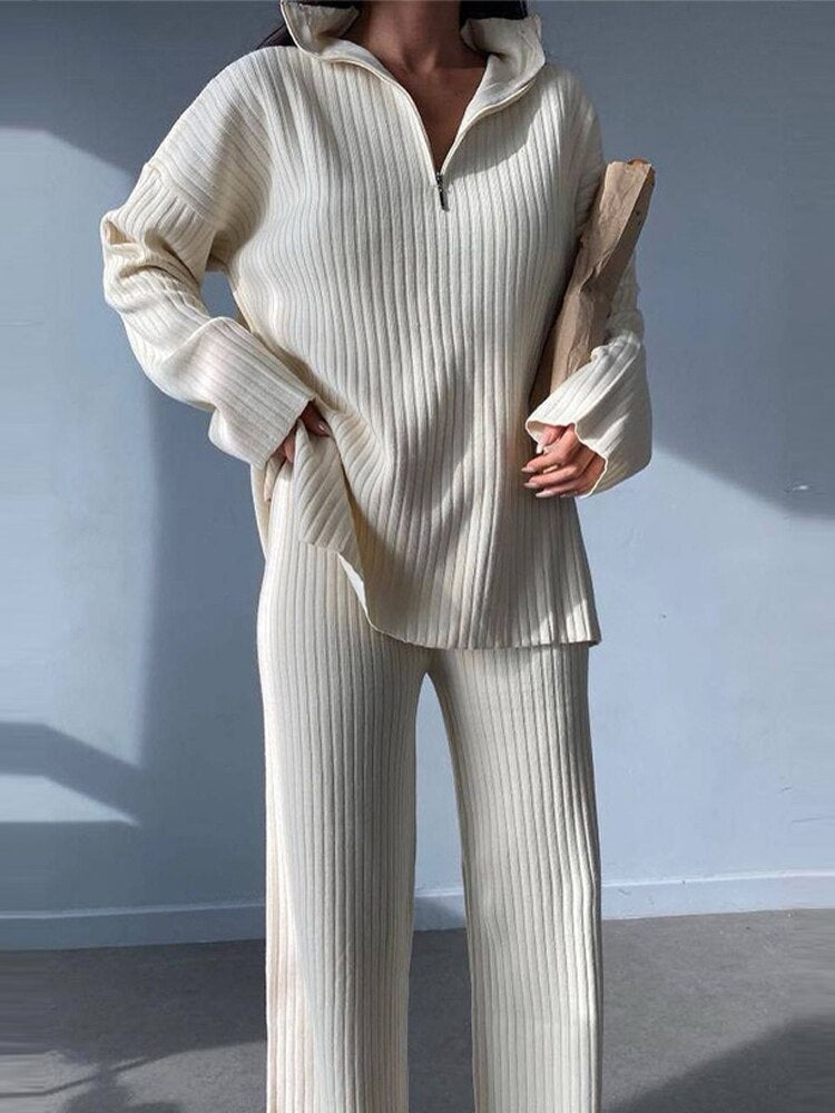 Casual Two Piece Set Women 2023 Spring Crop Sweater   High Waist Lady Suits Knit Panelled Side Split Trouser Suits Female
