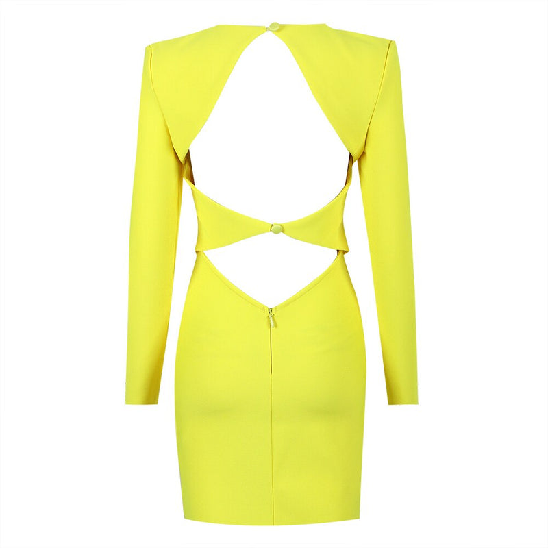 Women Winter Sexy Long Sleeve Backless Hollow Out Yellow Black Mini Bandage Dress 2023 Elegant Evening Club Party Dress