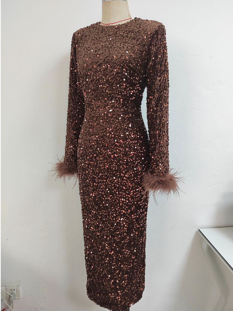 New Women Sexy Winter Long Sleeve Feathers Sequins Brown Black Bodycon Dress 2022 Long Christmas Xmas Party Dress Vestido
