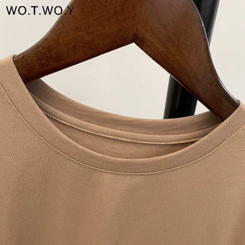 Summer Casual Solid T-shirts Women Fake Pocket O-Neck Cotton Short Sleeve Tees Female Basic Loose Soft Tops