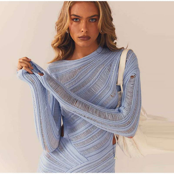 Hollow Out Long Sleeve Knitted Mini Dress Women Sexy White Bodycon Slim Dresses