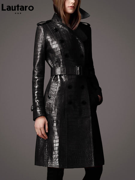 Autumn Long Red Crocodile Print Leather Trench Coat for Women Belt Double Breast
