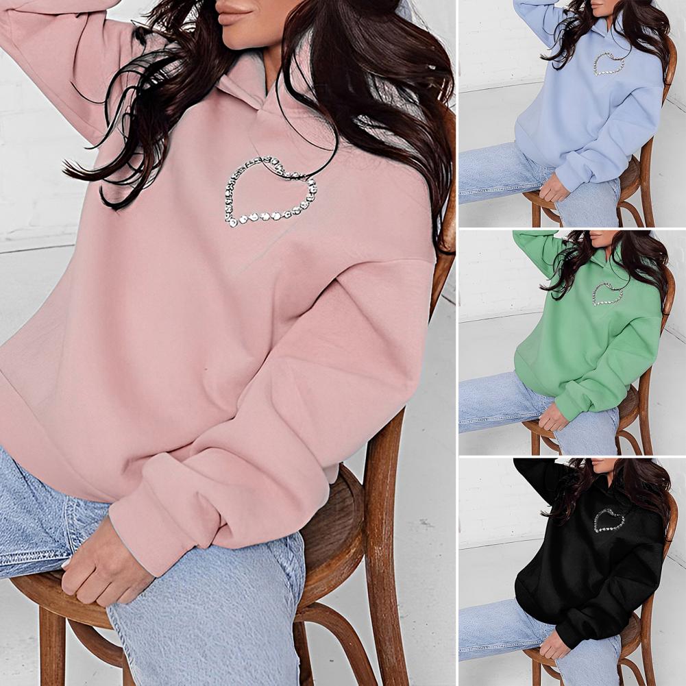 Women Hoodie Heart Shape Hooded Backless Hollow Out Rhinestone Keep Warm Pullover Solid Color Spring Hoodie for Club